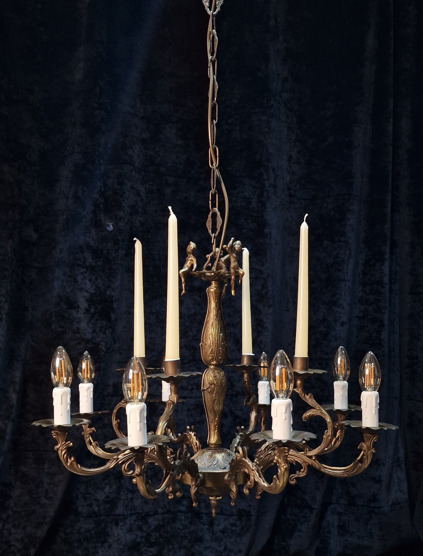 Decorative Vintage Italian Brass Cherub 8 Arm 4 Candle Chandelier Ceiling Light