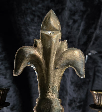 Decorative Pair Antique French Fleur De Lis Brass 2 Arm Candle Wall Lights