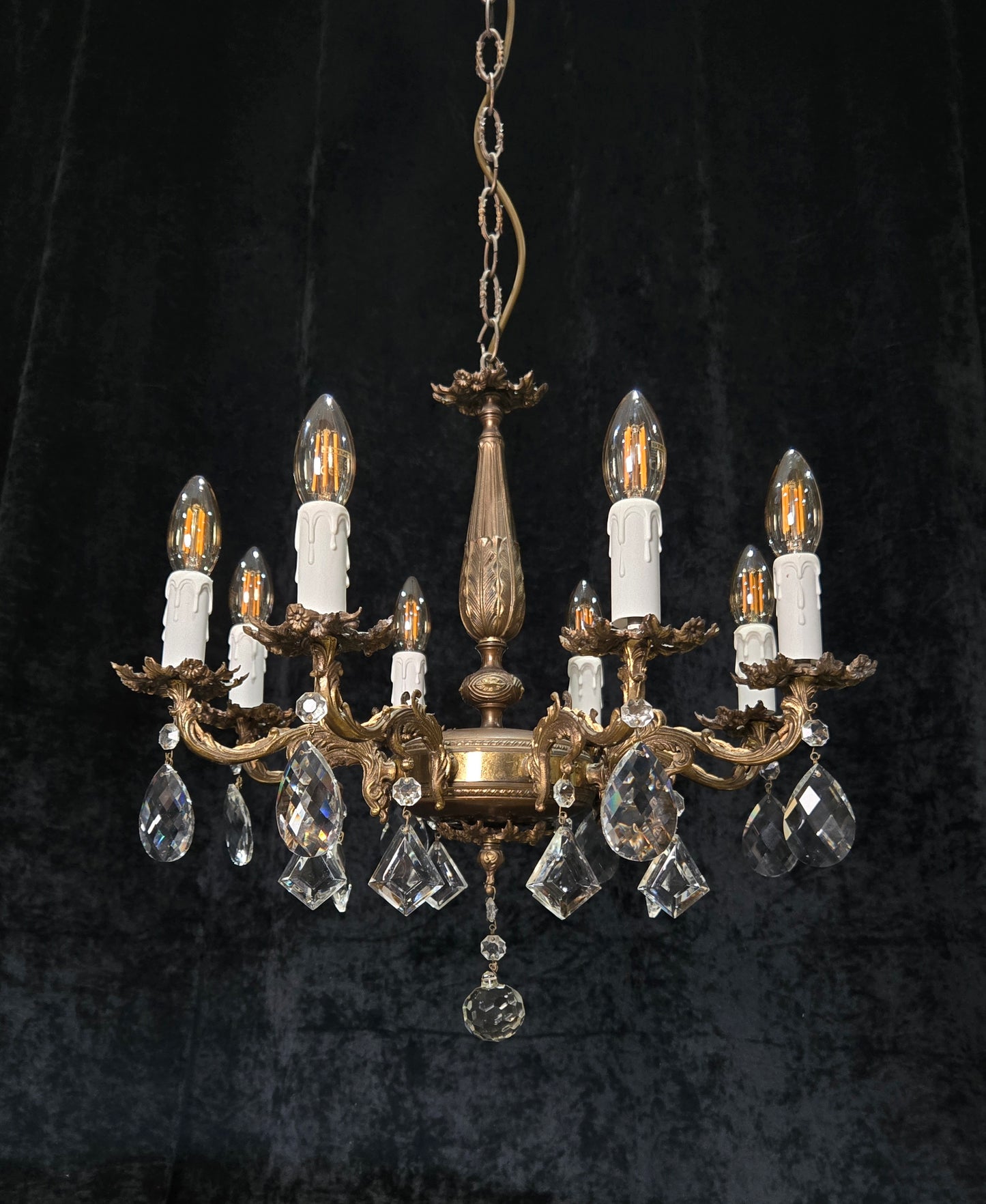Fabulous Vintage Italian 8 Arm Brass Flower Crystal Chandelier Ceiling Light