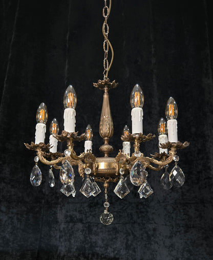 Fabulous Vintage Italian 8 Arm Brass Flower Crystal Chandelier Ceiling Light