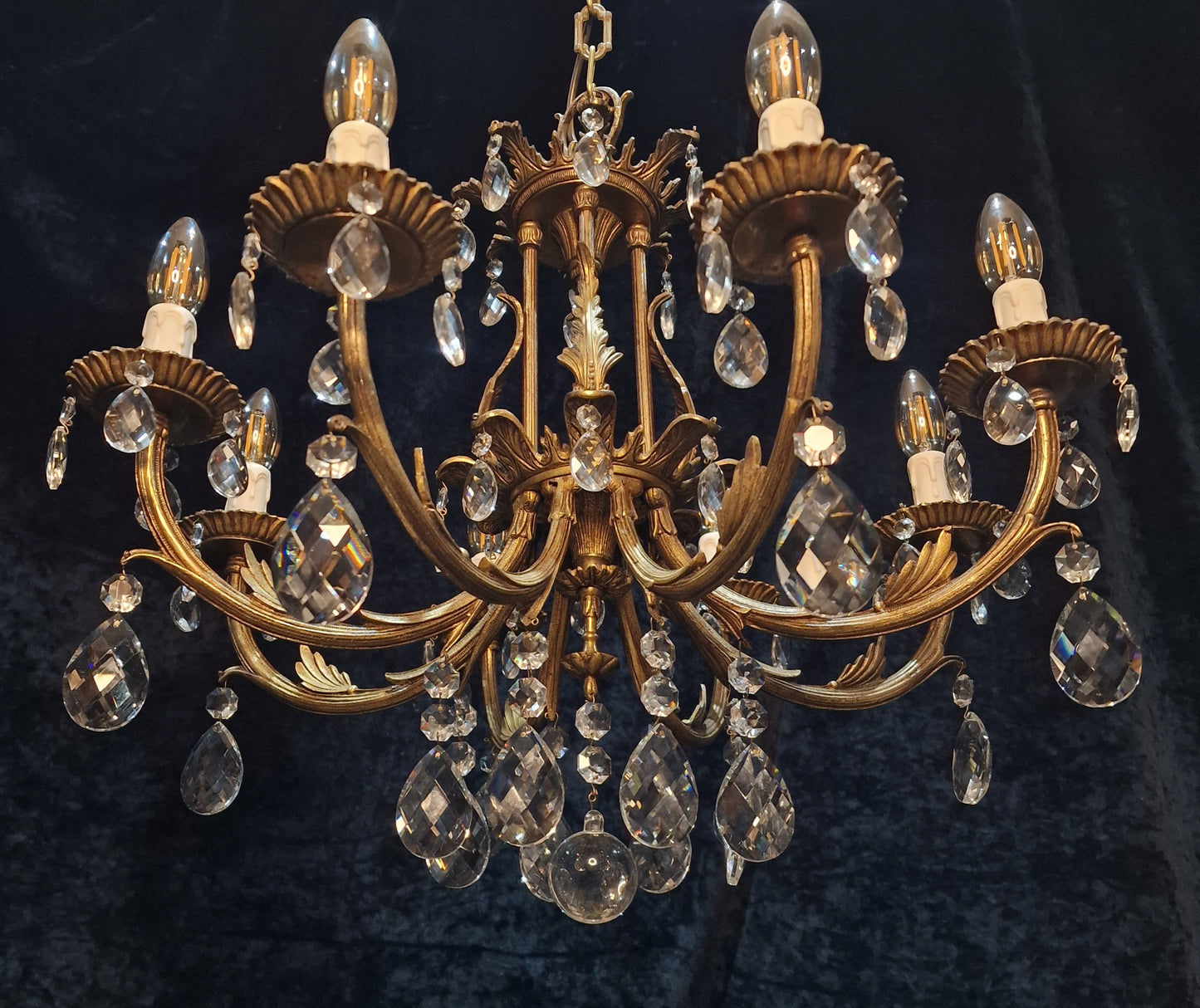 Stunning Heavy Large Antique Vintage French Brass Crystal 8 Arm Chandelier Light