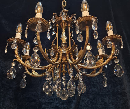 Stunning Heavy Large Antique Vintage French Brass Crystal 8 Arm Chandelier Light