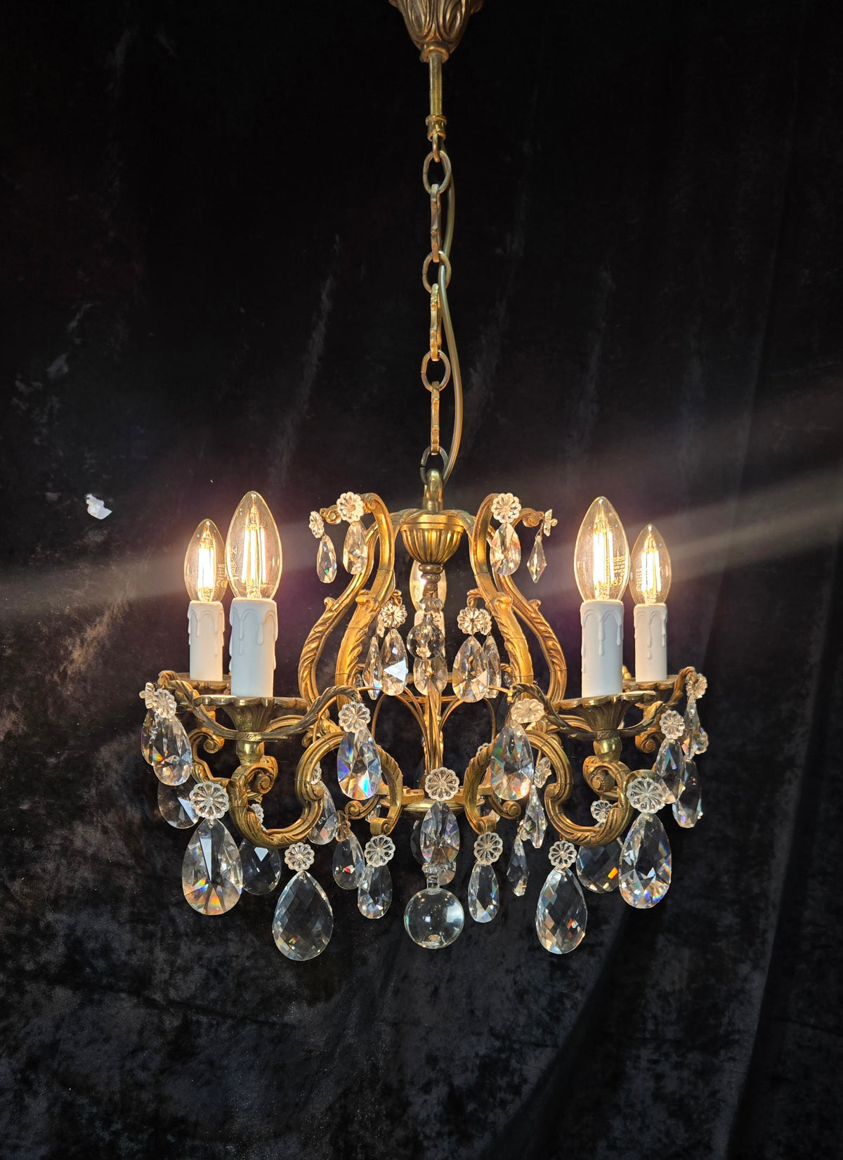 Traditional Antique French 5 Arm Heavy Bronze Cage Crystal Chandelier Light