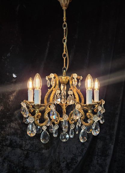 Traditional Antique French 5 Arm Heavy Bronze Cage Crystal Chandelier Light
