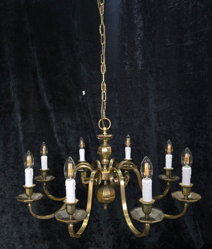 Classical Vintage Polished Brass Large 8 Arm Flemish Style Chandelier Light