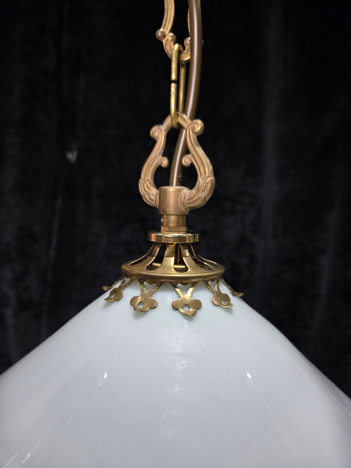 Unique Vintage Milk Glass Brass Bouillotte Oil Lamp Style 3 Light Chandelier