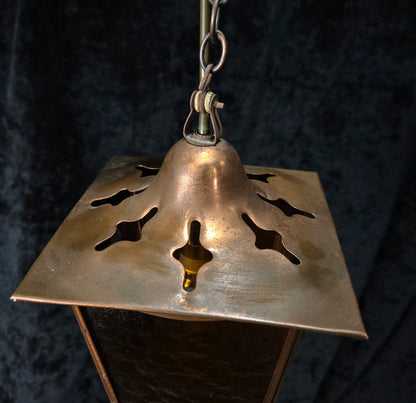Lovely Vintage French Coloured Glass Copper Lantern Ceiling Light
