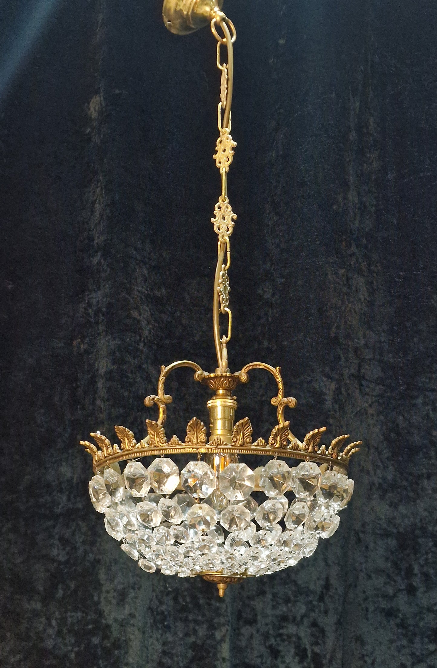 Lovely Vintage French 1 Light Half Bag Crystal Basket Brass Chandelier Light