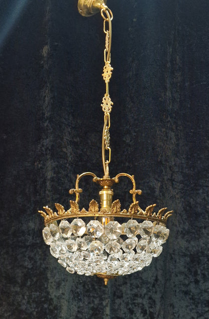 Lovely Vintage French 1 Light Half Bag Crystal Basket Brass Chandelier Light