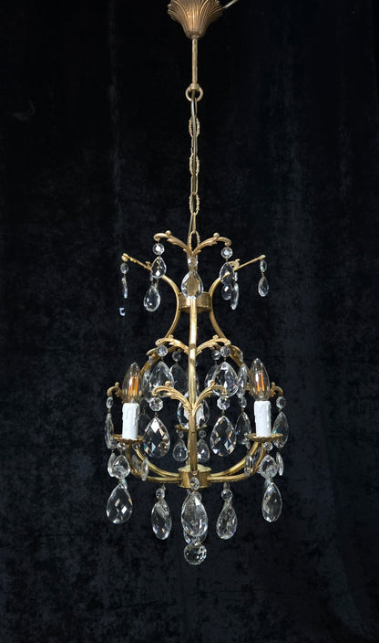 Beautiful Vintage Italian 3 Arm Brass Crystal Cage Chandelier Ceiling Light