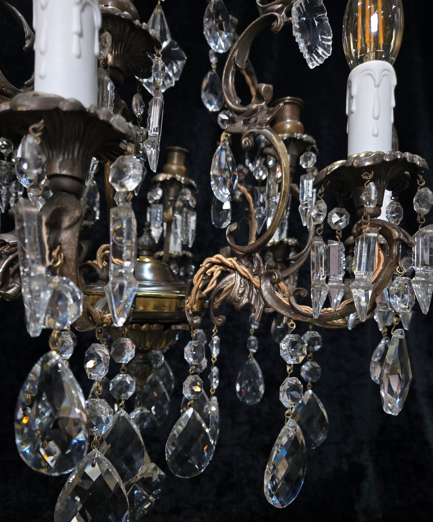 Fabulous Antique Italian 8 Arm 4 Candle Cage Brass Crystal Chandelier Light