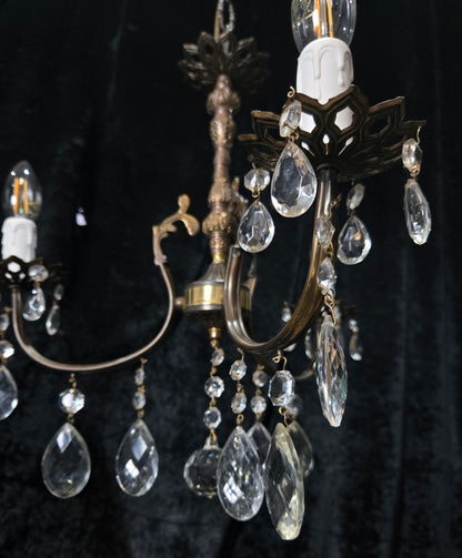 Lovely Vintage Italian 3 Arm Brass and Crystal Chandelier Ceiling Light