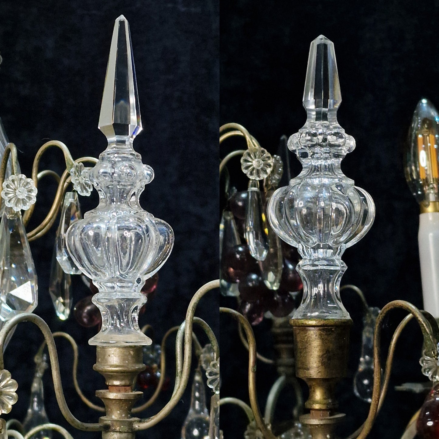 Exceptional Antique French 6 Light Murano Grape Crystal Solid Brass Chandelier