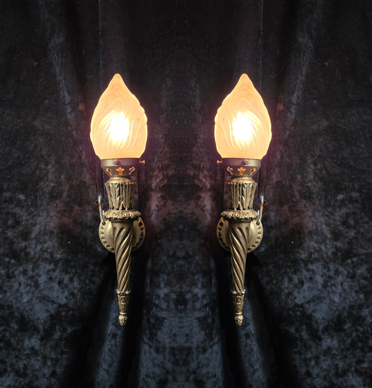 Decorative Pair Vintage Italian Gilded Torchere Wall Lights Sconces Flame Shades