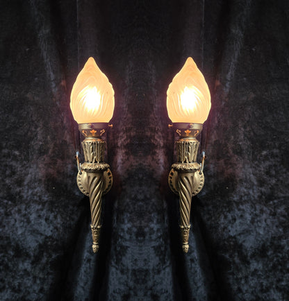 Decorative Pair Vintage Italian Gilded Torchere Wall Lights Sconces Flame Shades