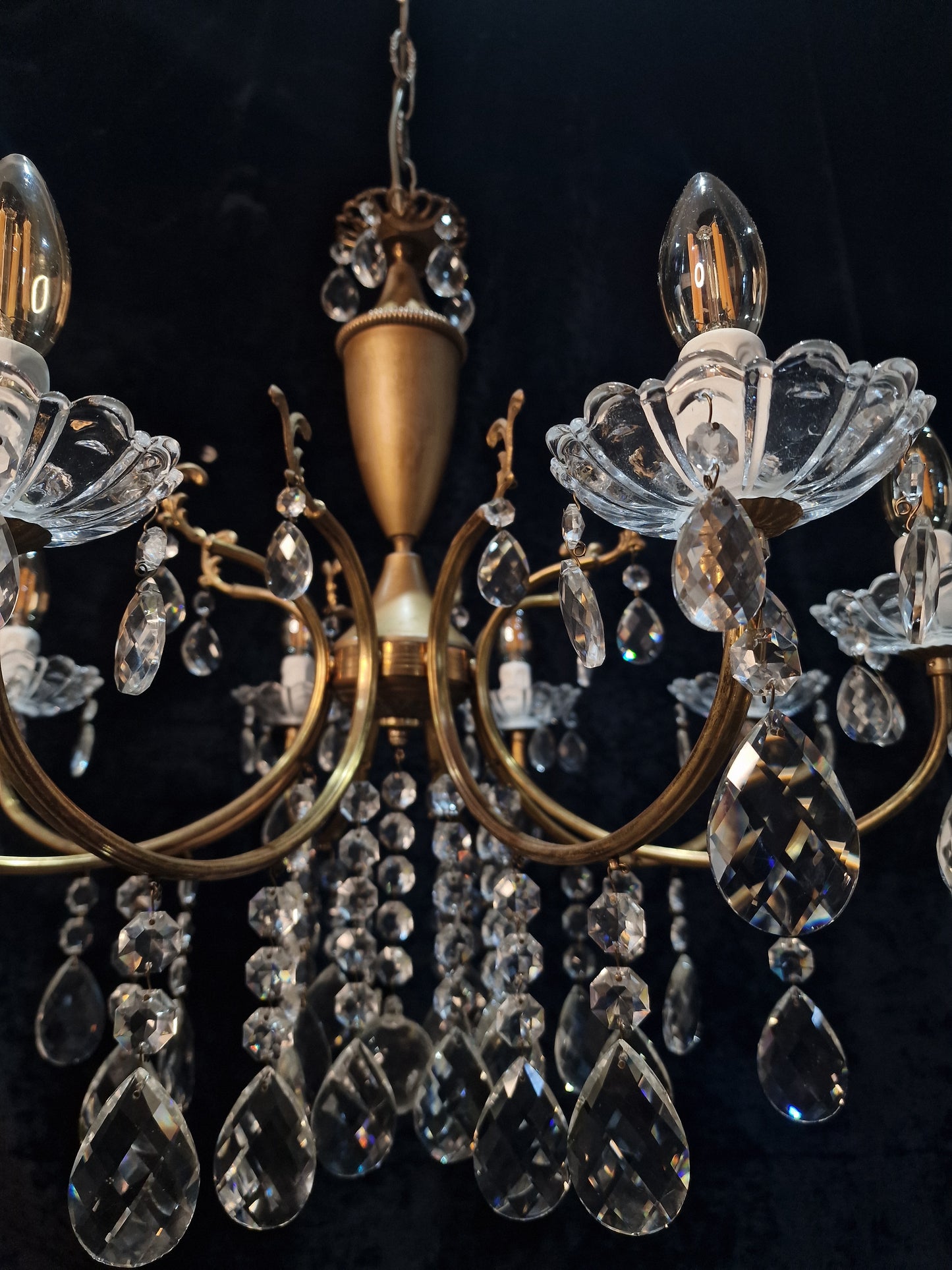 Fabulous Vintage Italian 8 Arm Brass and Crystal Leaf Chandelier Ceiling Light