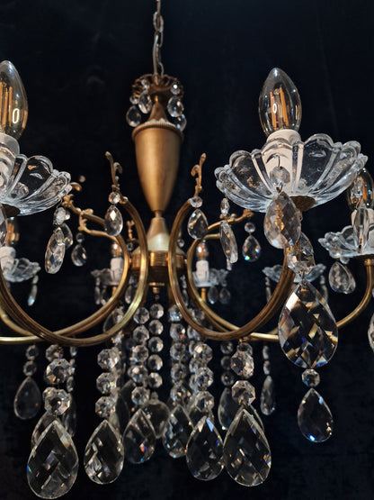 Fabulous Vintage Italian 8 Arm Brass and Crystal Leaf Chandelier Ceiling Light