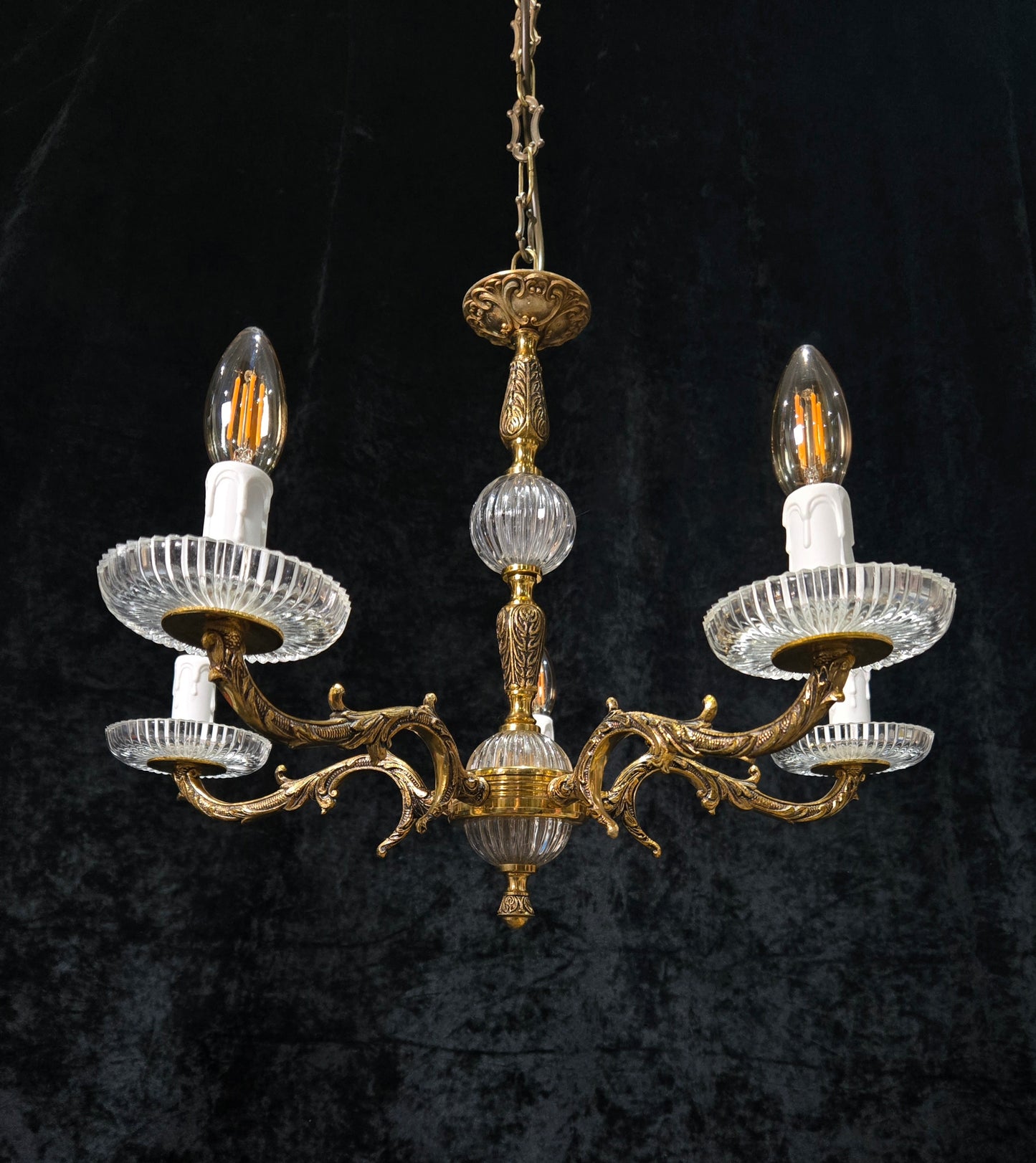 Classical Vintage 5 Arm Brass and Glass Chandelier Ceiling Light