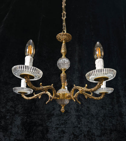 Classical Vintage 5 Arm Brass and Glass Chandelier Ceiling Light