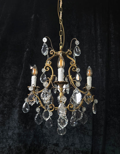 Gorgeous Heavy Antique French 4 Arm Caged Bronze Crystal Chandelier Light