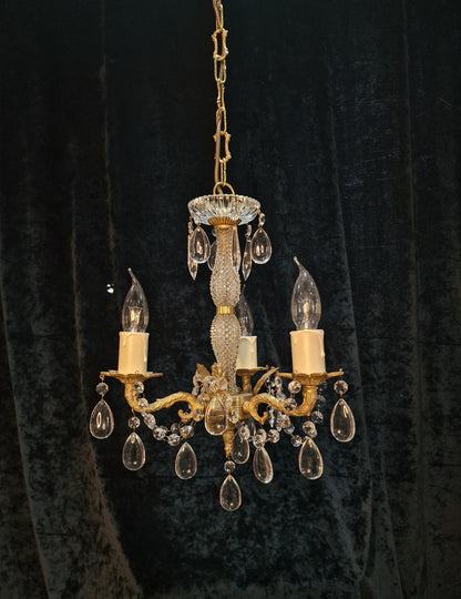 Elegant Vintage Italian 3 Arm Brass Crystal Chandelier Ceiling Light