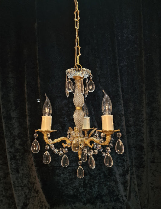 Elegant Vintage Italian 3 Arm Brass Crystal Chandelier Ceiling Light