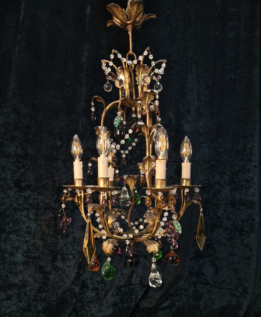 Fabulous Vintage Italian 6 Arm Caged Tole Murano Fruits Chandelier Light
