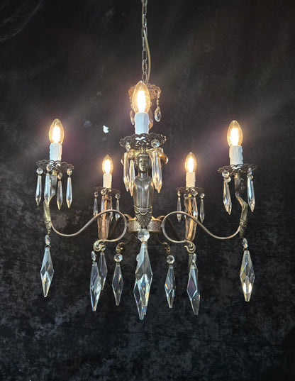 Classical Vintage Italian 5 Arm Crystal Brass Lady Figures Chandelier Light
