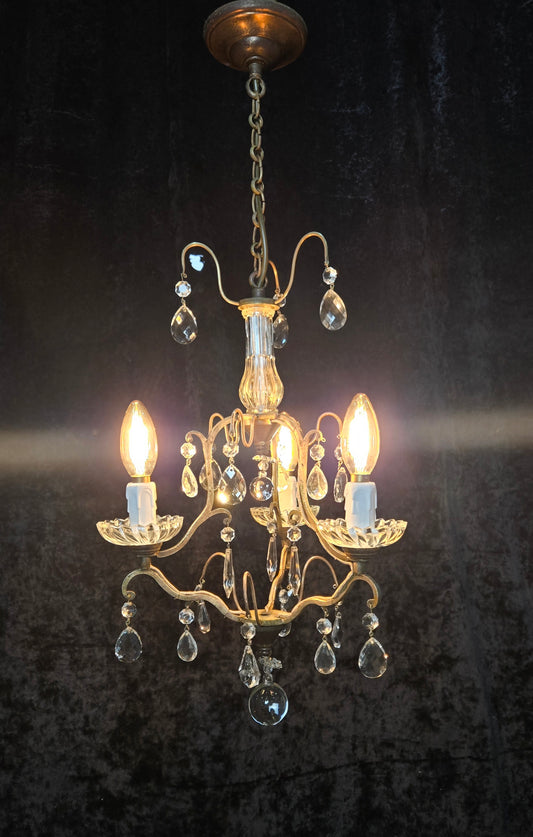 Lovely Petite Antique French 3 Arm Cage Brass Crystal Chandelier Ceiling Light