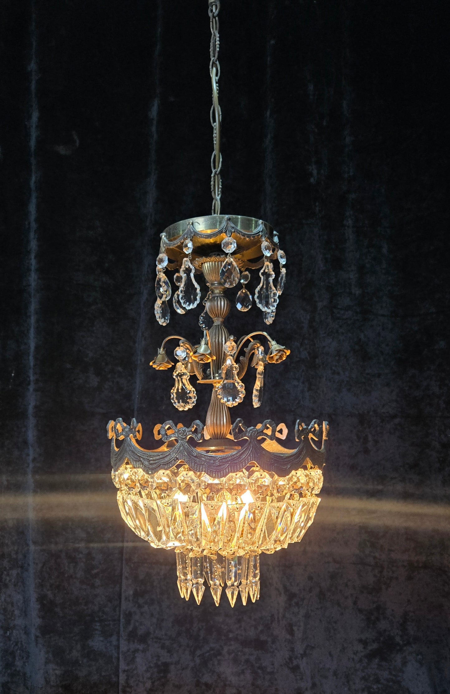Beautiful Vintage Italian Brass 3 Light Crystal Bag Bows and Roses Chandelier