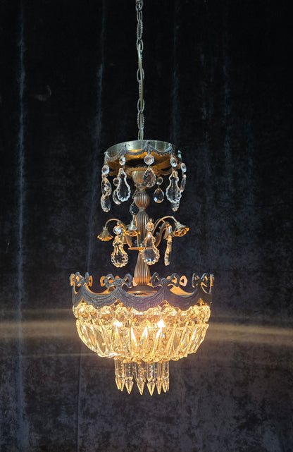 Beautiful Vintage Italian Brass 3 Light Crystal Bag Bows and Roses Chandelier
