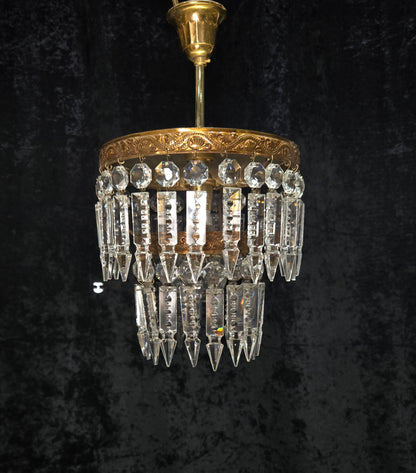 Beautiful Vintage French 2 Tier Waterfall Crystal Brass 1 Light Flush Chandelier