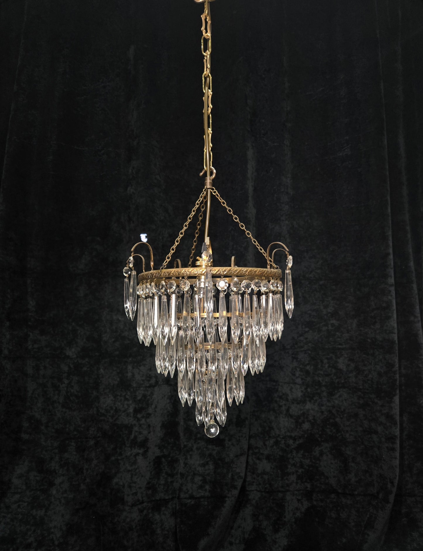 Fabulous Antique French Brass 4 Tier Waterfall Crystal Chandelier Ceiling Light