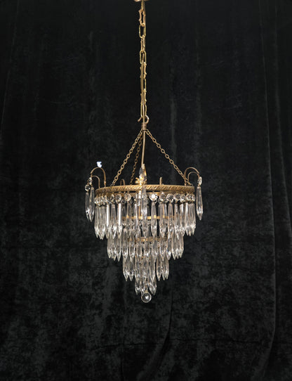 Fabulous Antique French Brass 4 Tier Waterfall Crystal Chandelier Ceiling Light