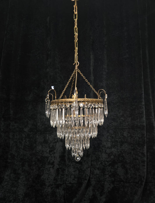 Fabulous Antique French Brass 4 Tier Waterfall Crystal Chandelier Ceiling Light