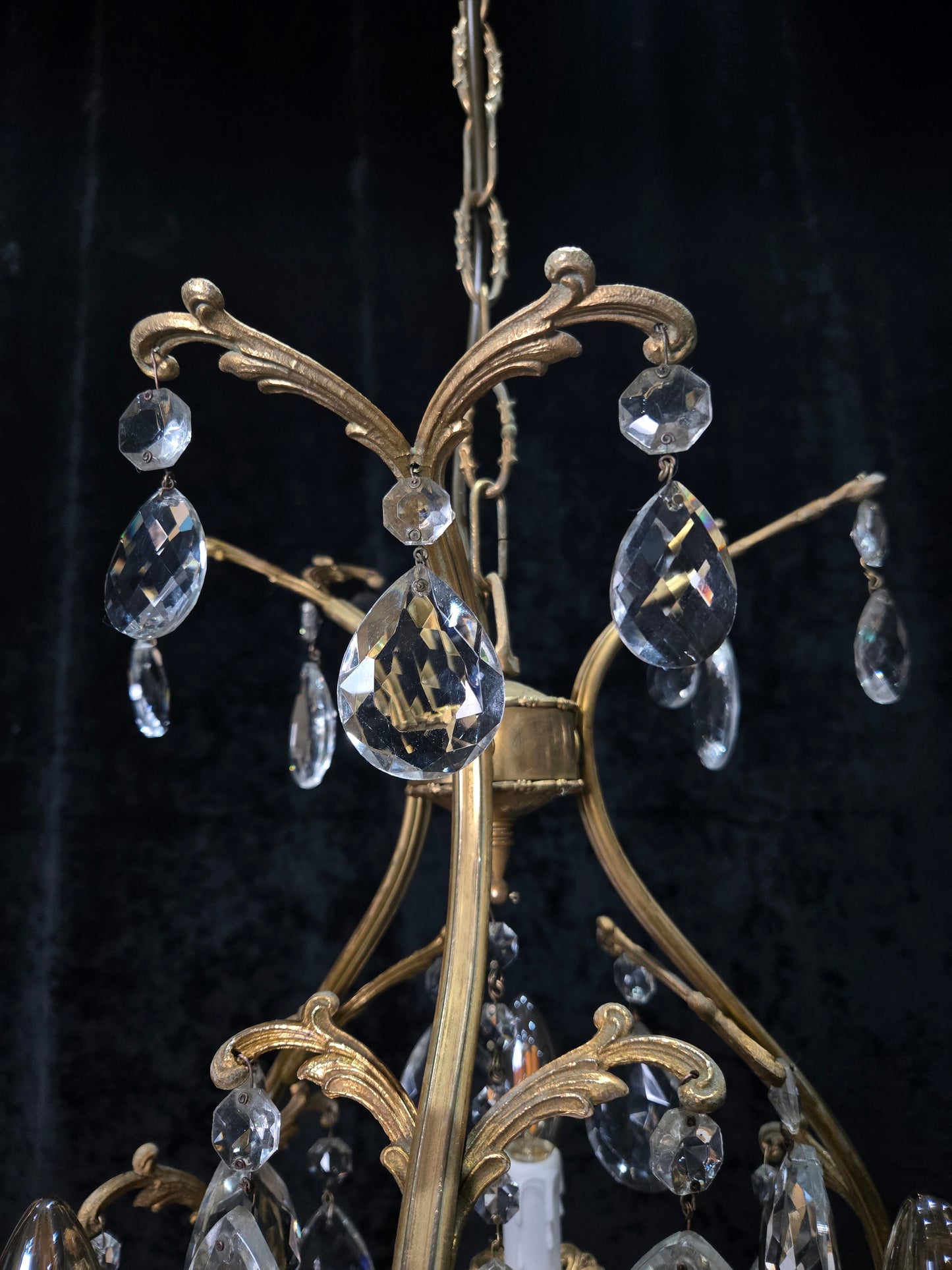 Beautiful Vintage Italian 3 Arm Brass Crystal Cage Chandelier Ceiling Light