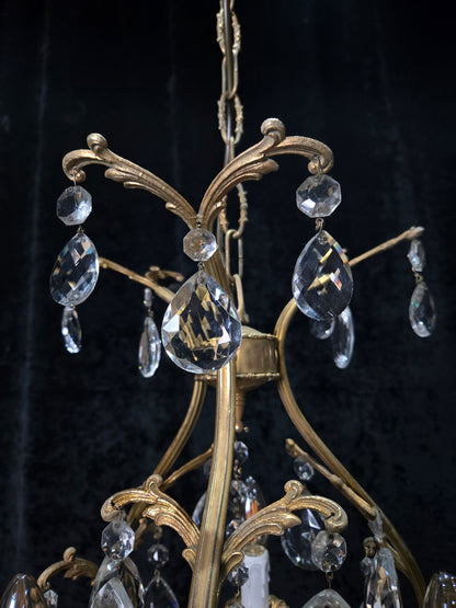 Beautiful Vintage Italian 3 Arm Brass Crystal Cage Chandelier Ceiling Light