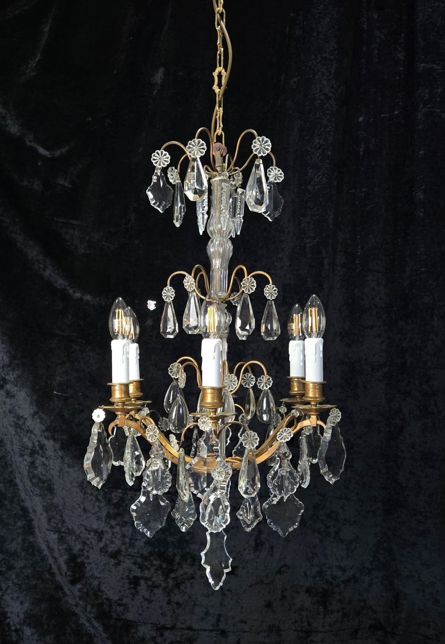 Traditional Tall Antique French 6 Arm Brass Crystal 3 Tier Chandelier Light