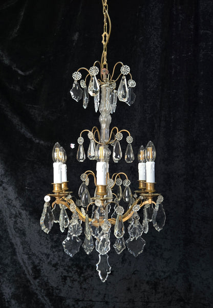Traditional Tall Antique French 6 Arm Brass Crystal 3 Tier Chandelier Light