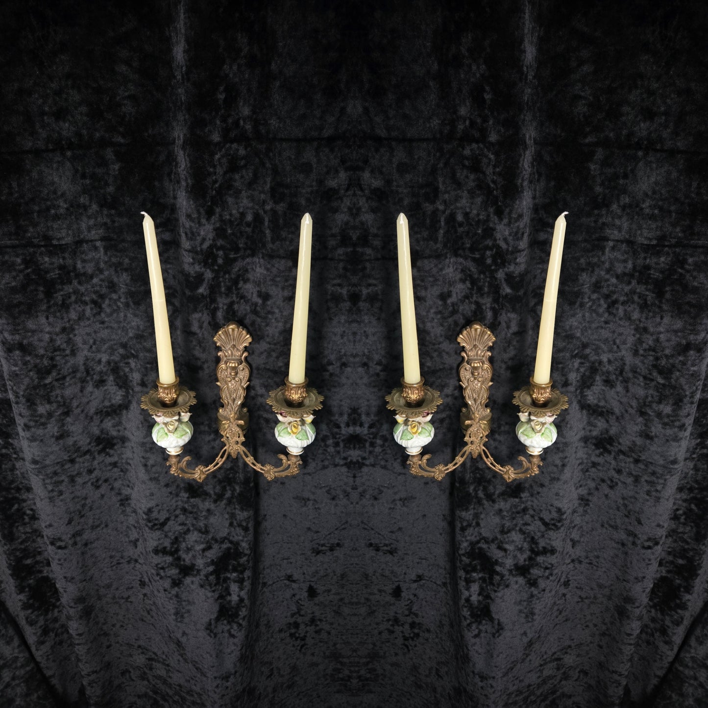 Beautiful Pair Vintage Italian 2 Arm Brass Porcelain Candle Wall Lights Sconces