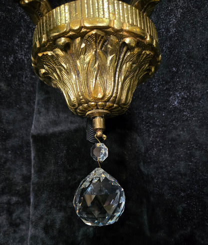 Fabulous Pair of Heavy Brass Vintage French 2 Arm Crystal Wall Lights Sconces