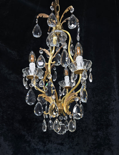 Beautiful Vintage Italian 3 Arm Brass Crystal Cage Leaf Chandelier Ceiling Light