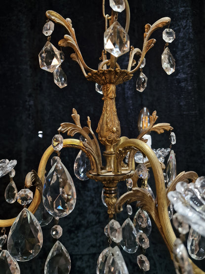 Beautiful Antique French 3 Arm Crystal Brass Leaf Chandelier Ceiling Light