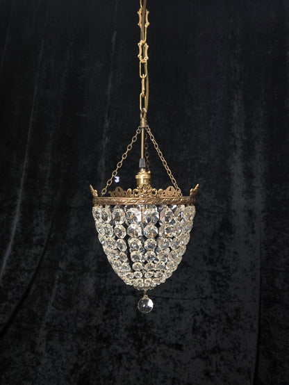 Beautiful Antique French Crystal Bag Brass and Bows Chandelier Ceiling Light