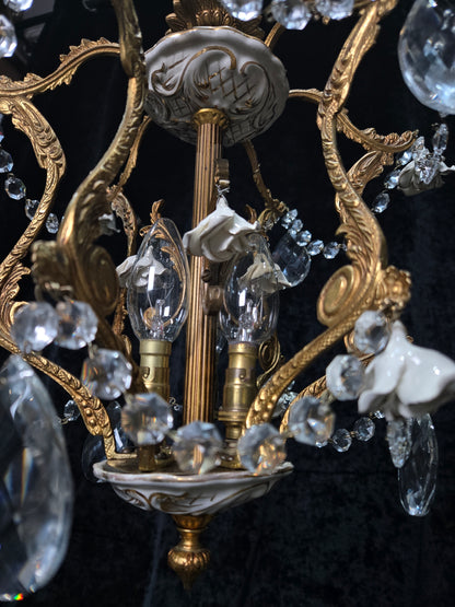 Lovely Vintage Spanish 3 Light Crystal and Brass Ceramic Roses Cage Chandelier