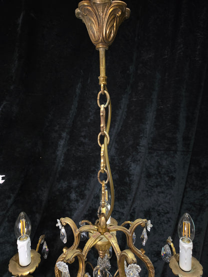 Traditional Antique French 5 Arm Heavy Bronze Cage Crystal Chandelier Light