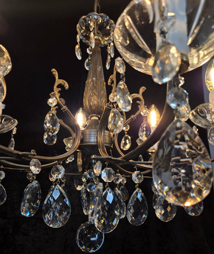 Beautiful Vintage Italian 6 Arm Brass Glass Crystal Chandelier Ceiling Light