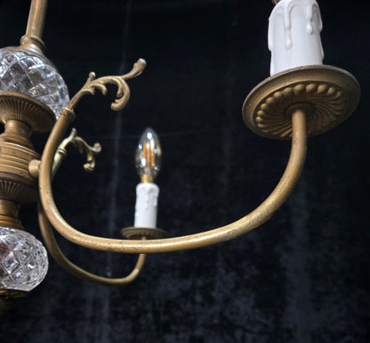 Classical Vintage French 4 Arm Lacquered Brass Crystal Chandelier Ceiling Light