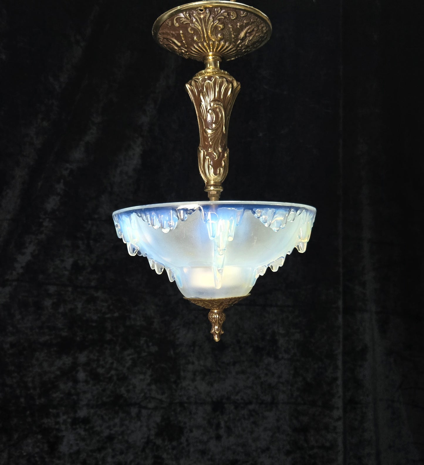 Unique Vintage 3 Light Brass EZAN Vaseline Glass Flush Ceiling Pendant Lantern
