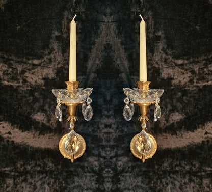 Elegant Pair Vintage Italian 1 Arm Crystal Brass Candle Wall Lights Sconces